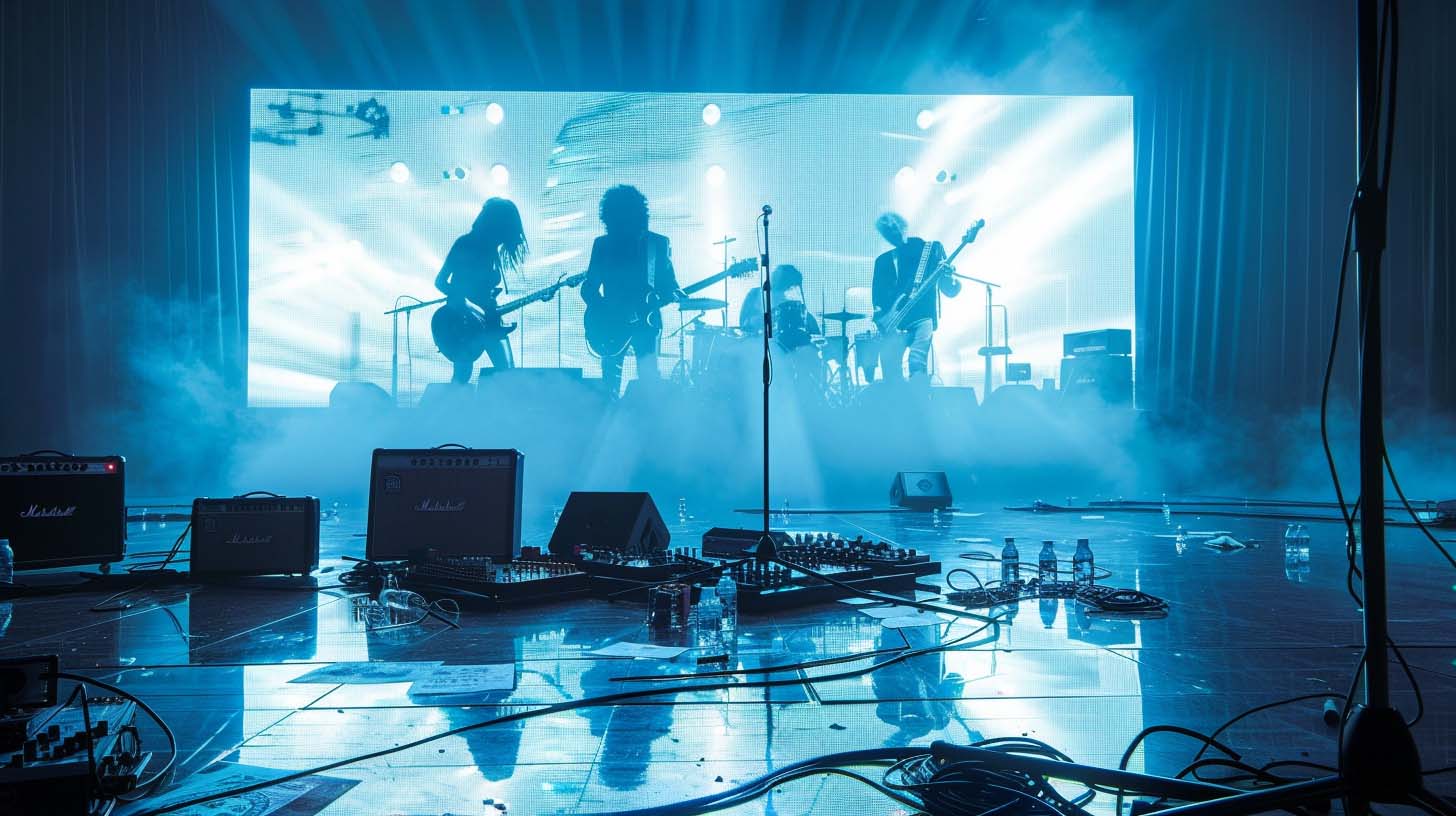 A massive LED wall shows the AI clone band performing while the real stage stands empty.